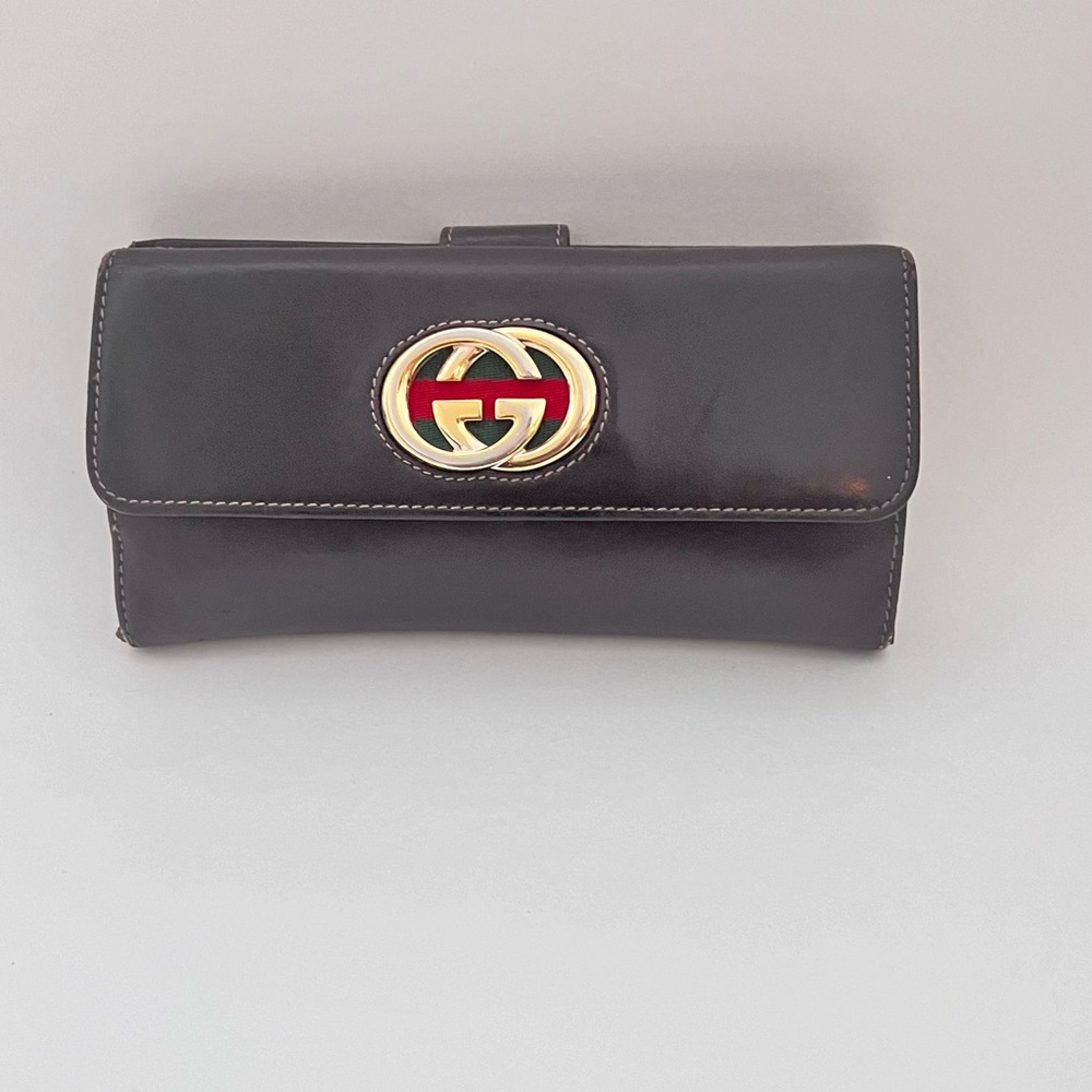 Authentic Gucci Interlocking Gg Brown Leather Lon… - image 5